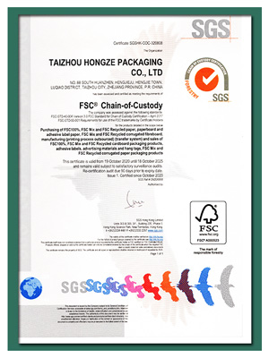 Προσαρμοσμένη συσκευασία Πιστοποιητικό FSC συσκευασίας Taizhou Hongze