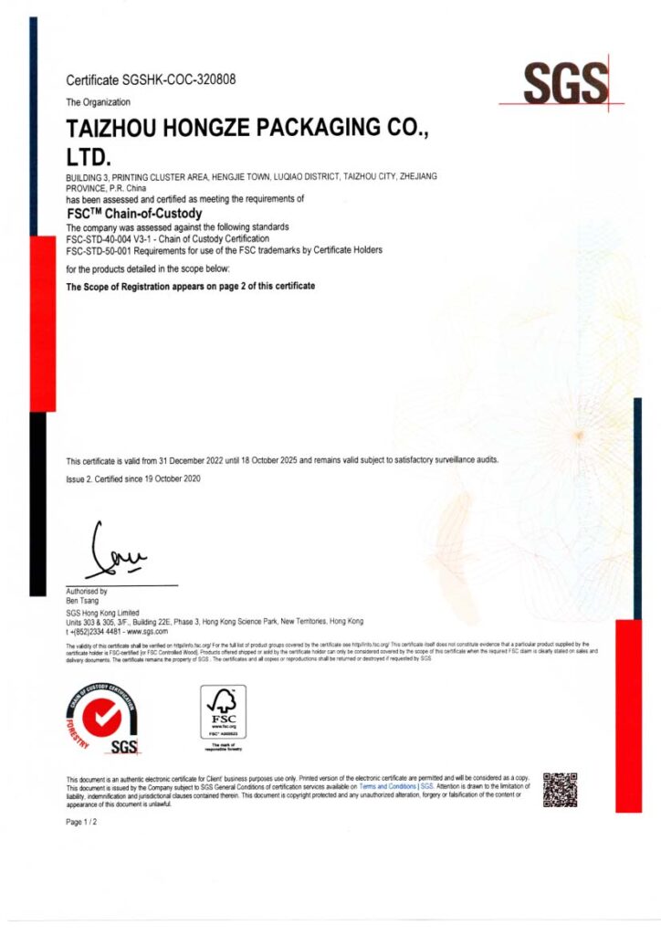 Certificado FSC de embalagem Tongze